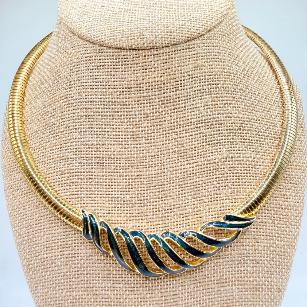 Vintage Teal Blue Enamel Swirl Twist Bib Gold Tone Omega Necklace READ